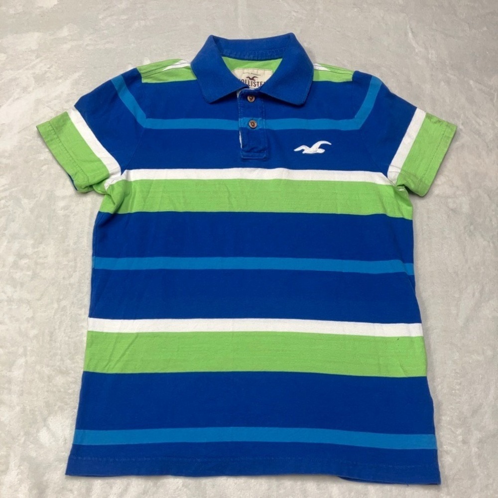 VTG Y2K Hollister‎ Striped Polo Shirt Womens L Blue Green Cotton Preppy Surfer